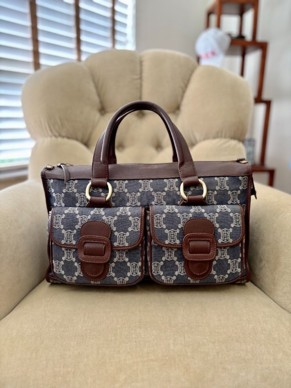 Auth CELINE MACADAM DENIM Indigo Triomphe Satchel Bag GORGEOUS!!! - Picture 2 of 12